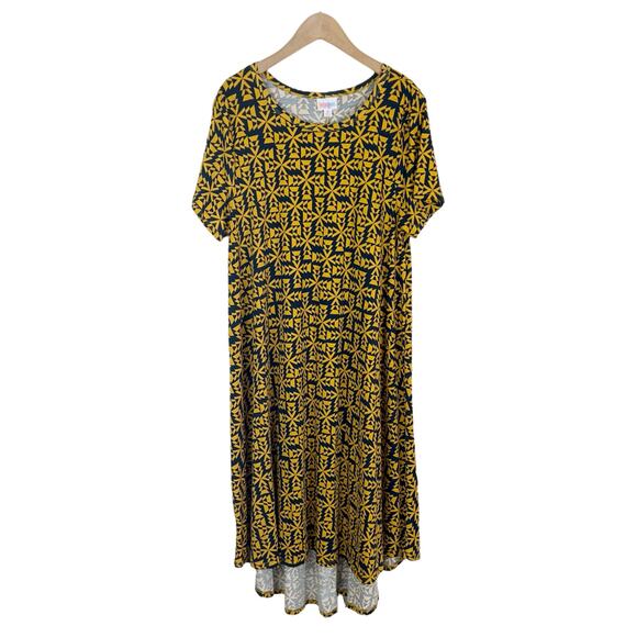 Lularoe Carly High Low Swing Dress Yellow and Navy Blue Print Size Medium - Picture 1 of 6